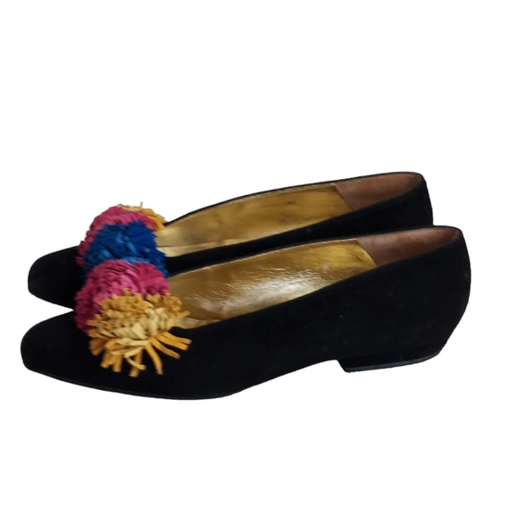 Escada Black Suede Pom Pom Flats Square Toe - Picture 5 of 15